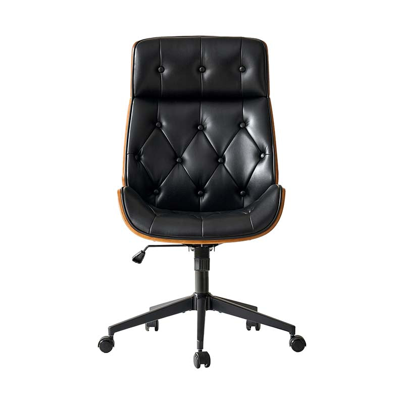 Chaise de bureau touffetée en bois courbé avec hauteur réglable et roulettes pivotantes | Camel / Noir | Cuir ou PU | Monoplace