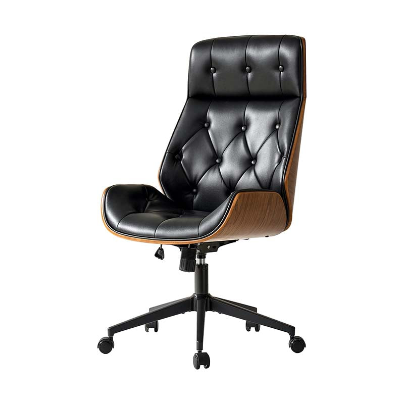 Chaise de bureau touffetée en bois courbé avec hauteur réglable et roulettes pivotantes | Camel / Noir | Cuir ou PU | Monoplace