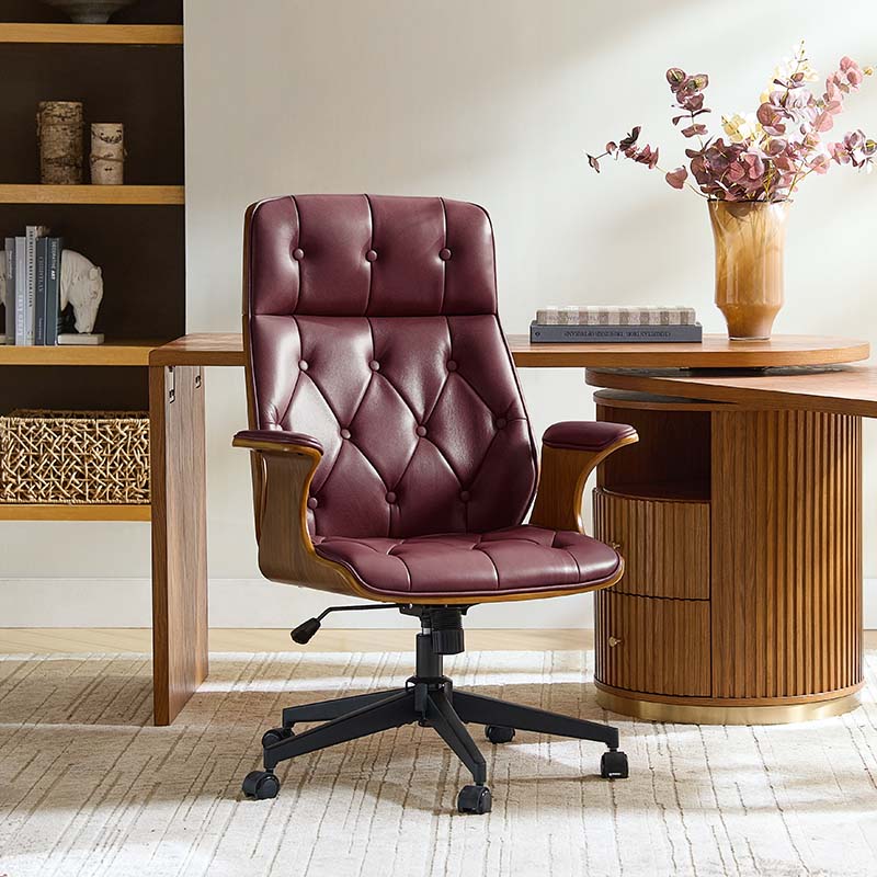 Chaise de bureau en cuir et bois courbé avec capitonnage, inclinaison à 14° et roulettes pivotantes | Camel / Bordeaux | Siège unique