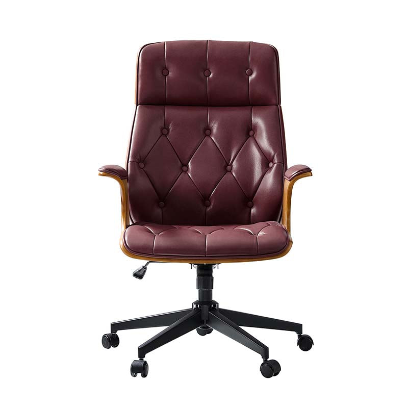 Chaise de bureau en cuir et bois courbé avec capitonnage, inclinaison à 14° et roulettes pivotantes | Camel / Bordeaux | Siège unique