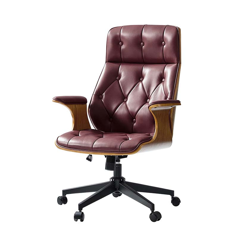 Chaise de bureau en cuir et bois courbé avec capitonnage, inclinaison à 14° et roulettes pivotantes | Camel / Bordeaux | Siège unique
