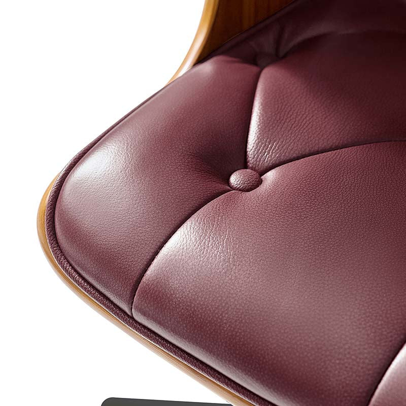 Chaise de bureau en cuir et bois courbé avec capitonnage, inclinaison à 14° et roulettes pivotantes | Camel / Bordeaux | Siège unique