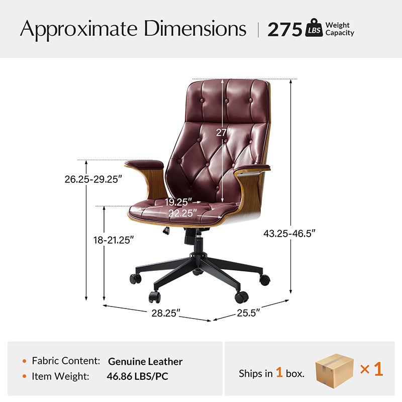 Chaise de bureau en cuir et bois courbé avec capitonnage, inclinaison à 14° et roulettes pivotantes | Camel / Bordeaux | Siège unique