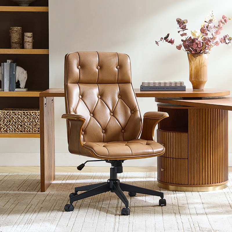 Chaise de bureau en cuir et bois courbé avec capitonnage, inclinaison à 14° et roulettes pivotantes | Camel / Bordeaux | Siège unique