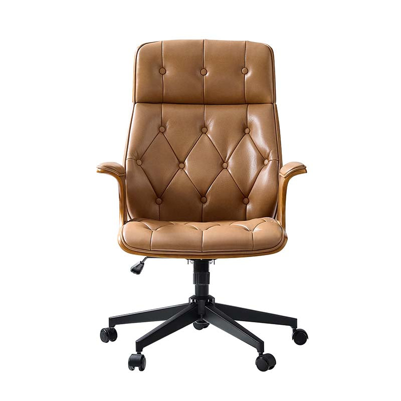 Chaise de bureau en cuir et bois courbé avec capitonnage, inclinaison à 14° et roulettes pivotantes | Camel / Bordeaux | Siège unique