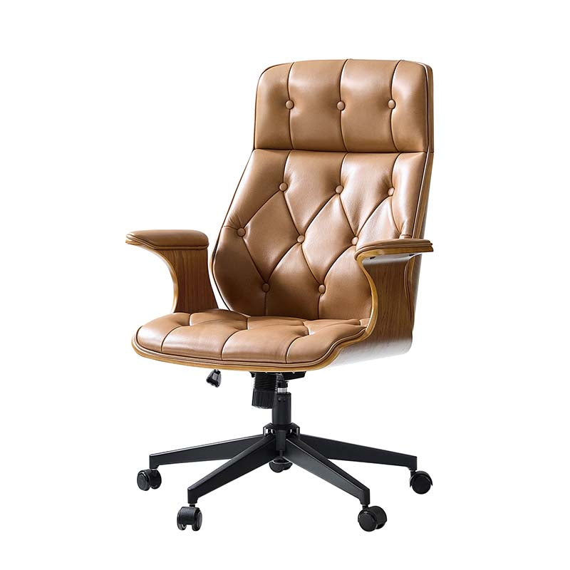 Chaise de bureau en cuir et bois courbé avec capitonnage, inclinaison à 14° et roulettes pivotantes | Camel / Bordeaux | Siège unique