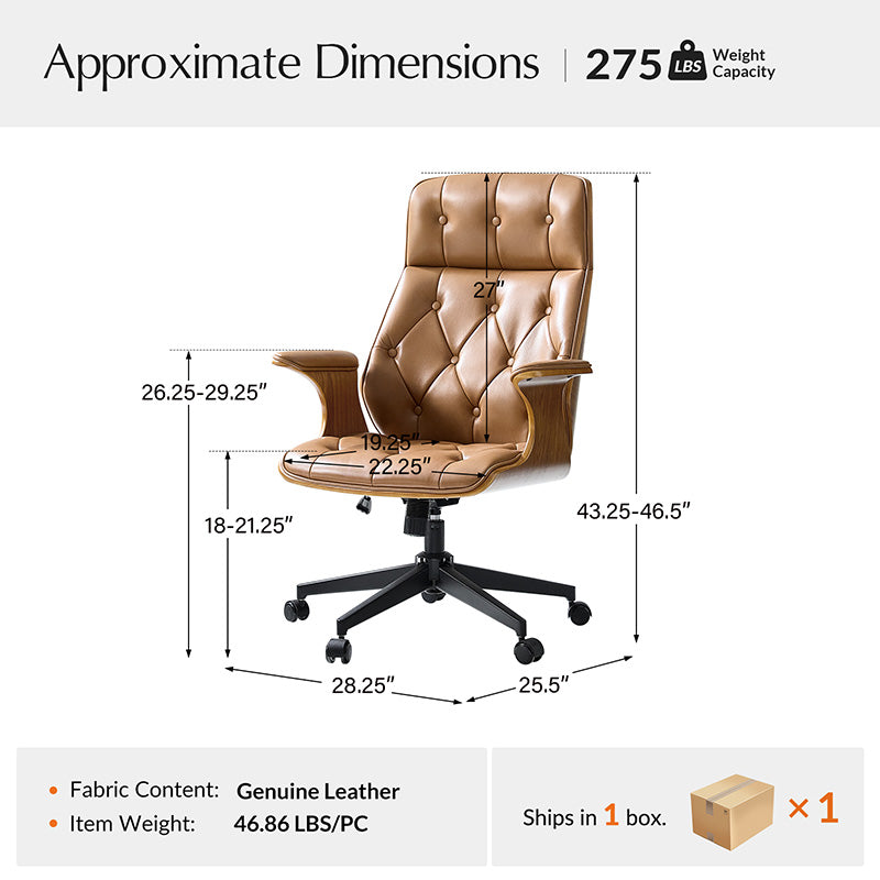 Chaise de bureau en cuir et bois courbé avec capitonnage, inclinaison à 14° et roulettes pivotantes | Camel / Bordeaux | Siège unique