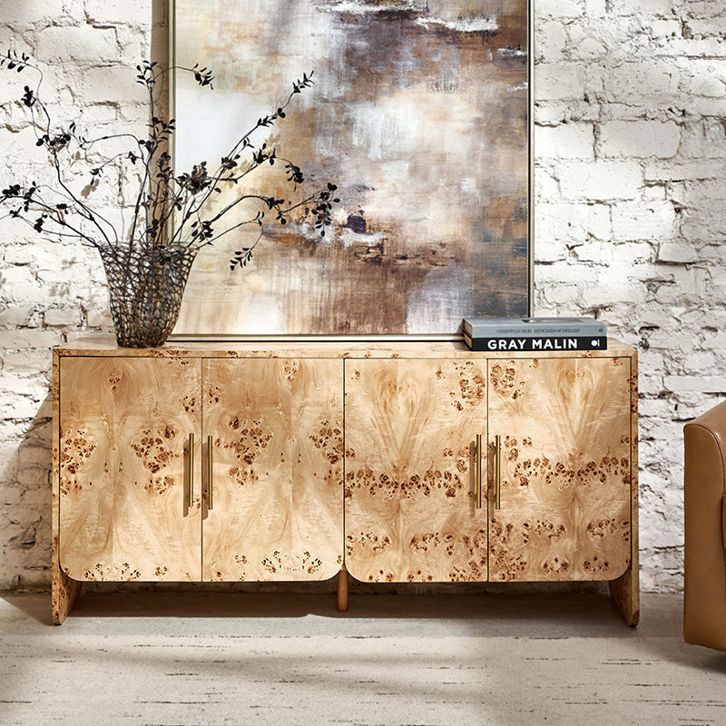 Meuble de rangement en ronce de bois avec tiroir, coins arrondis et poignées en métal brossé | Naturel / Noyer | Simple