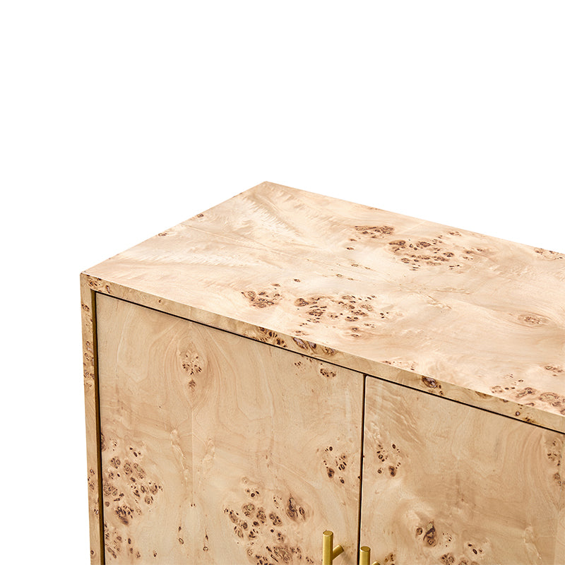 Meuble de rangement en ronce de bois avec tiroir, coins arrondis et poignées en métal brossé | Naturel / Noyer | Simple