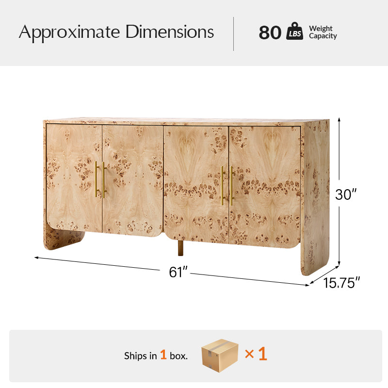 Meuble de rangement en ronce de bois avec tiroir, coins arrondis et poignées en métal brossé | Naturel / Noyer | Simple