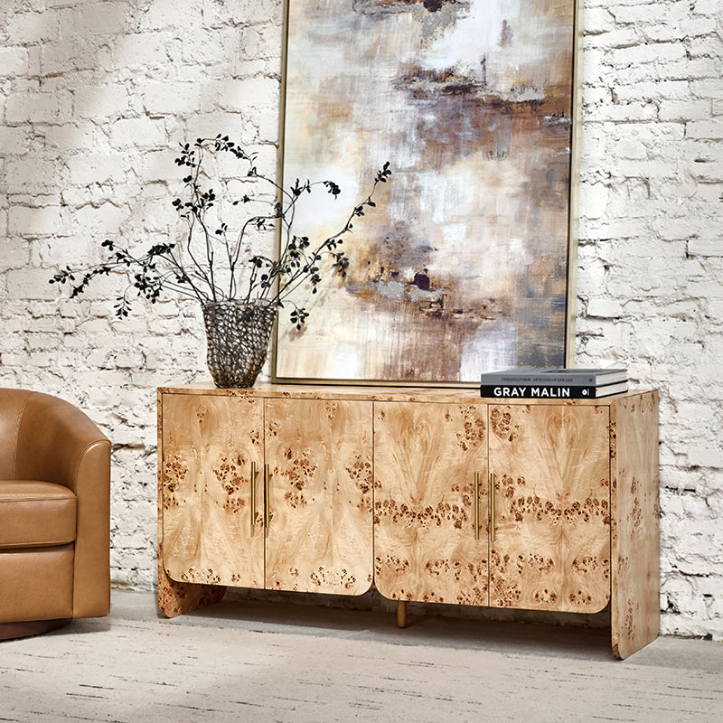 Meuble de rangement en ronce de bois avec tiroir, coins arrondis et poignées en métal brossé | Naturel / Noyer | Simple