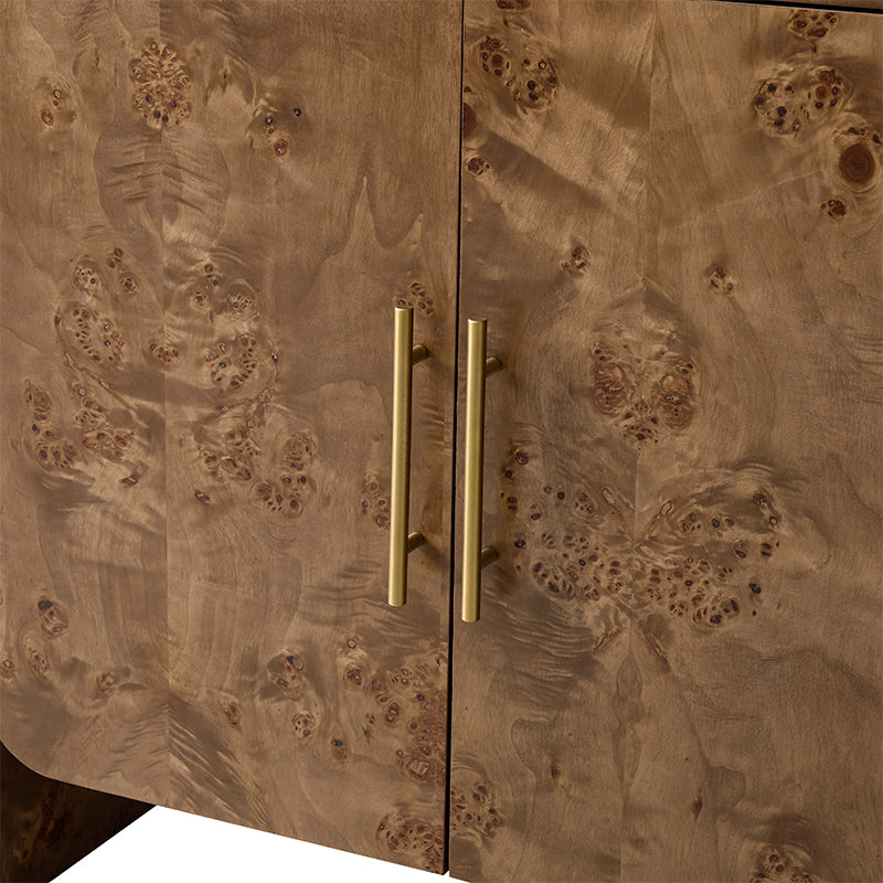 Meuble de rangement en ronce de bois avec tiroir, coins arrondis et poignées en métal brossé | Naturel / Noyer | Simple