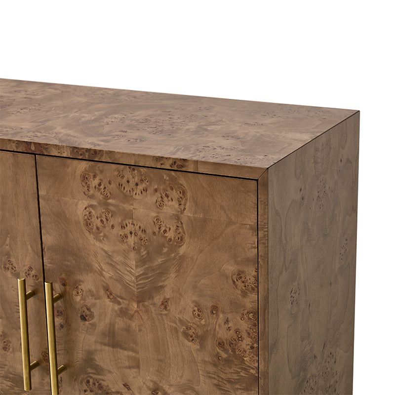 Meuble de rangement en ronce de bois avec tiroir, coins arrondis et poignées en métal brossé | Naturel / Noyer | Simple