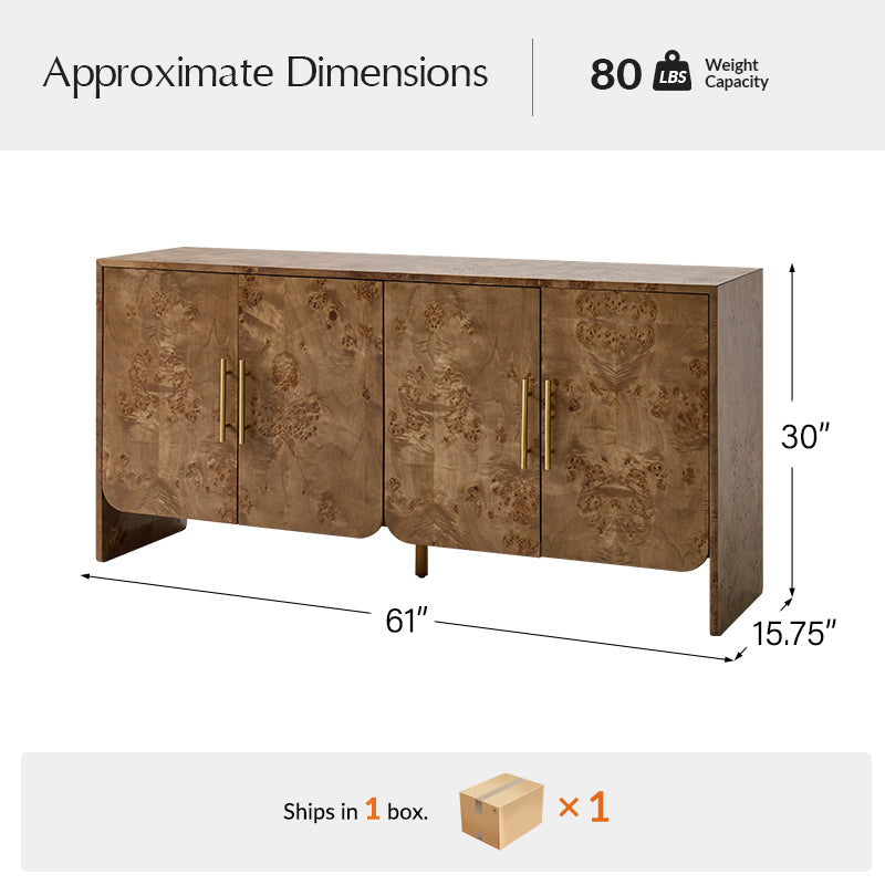 Meuble de rangement en ronce de bois avec tiroir, coins arrondis et poignées en métal brossé | Naturel / Noyer | Simple