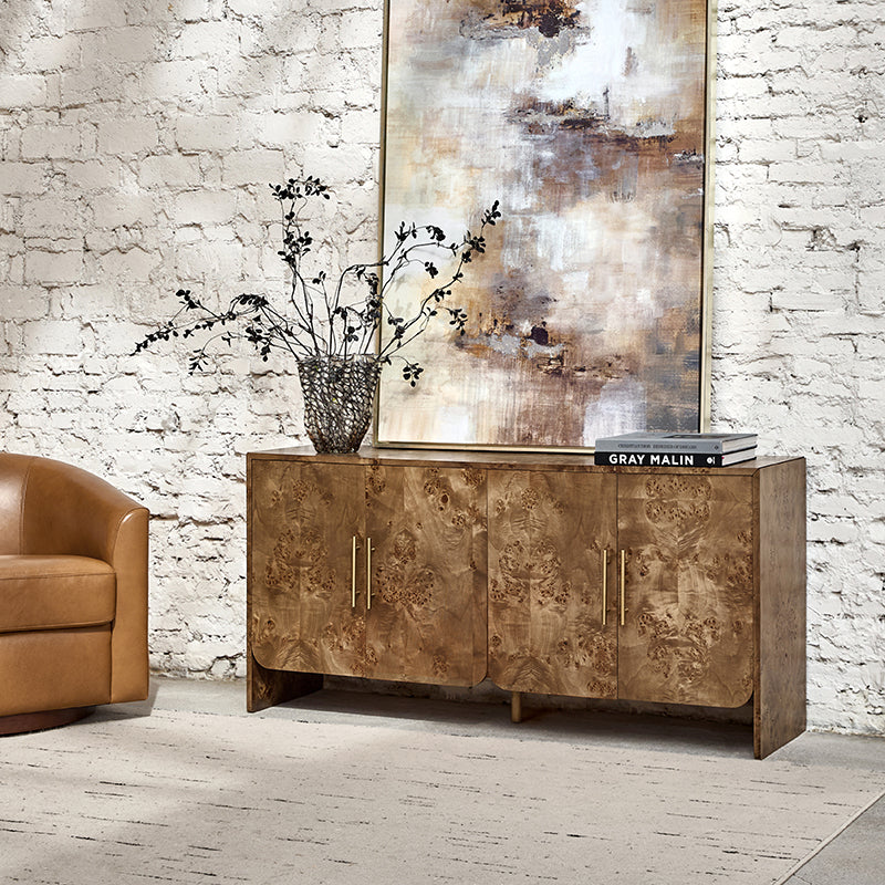 Meuble de rangement en ronce de bois avec tiroir, coins arrondis et poignées en métal brossé | Naturel / Noyer | Simple