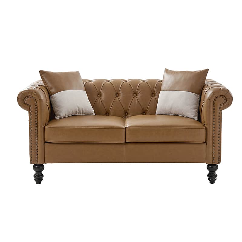 Causeuse en Cuir PU à Accoudoirs Roulés avec Capitonnage Boutonné, Clous Décoratifs et 2 Coussins | Noir / Chameau | 2 Places