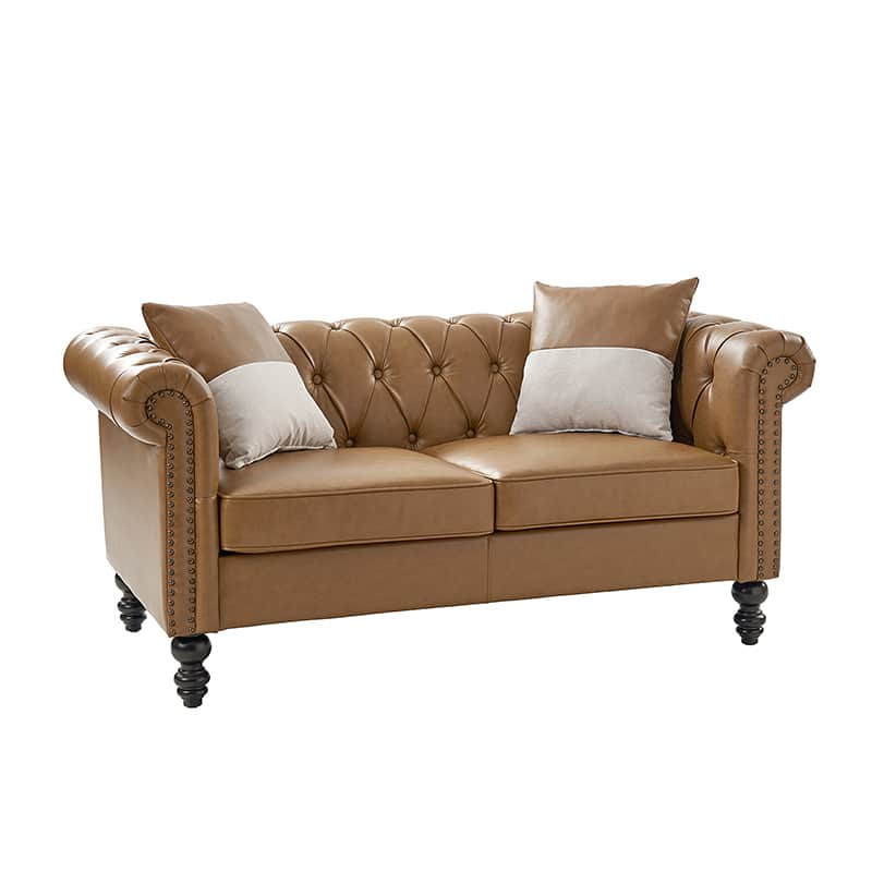 Causeuse en Cuir PU à Accoudoirs Roulés avec Capitonnage Boutonné, Clous Décoratifs et 2 Coussins | Noir / Chameau | 2 Places