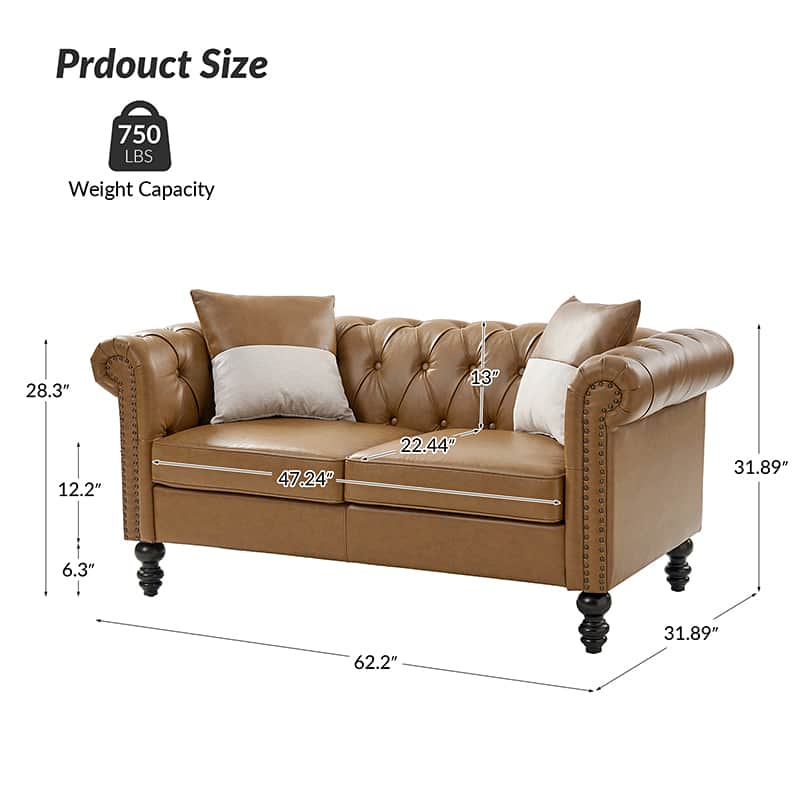 Causeuse en Cuir PU à Accoudoirs Roulés avec Capitonnage Boutonné, Clous Décoratifs et 2 Coussins | Noir / Chameau | 2 Places