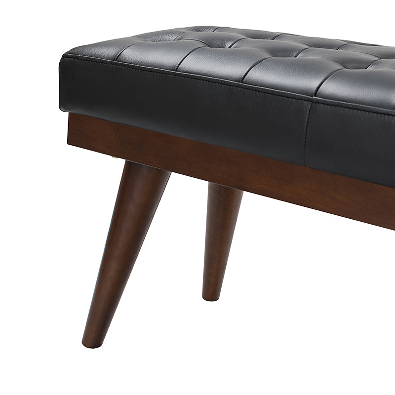 Banc capitonné en cuir véritable de style Mid-Century avec base en bois massif | Noir / Gris | Simple