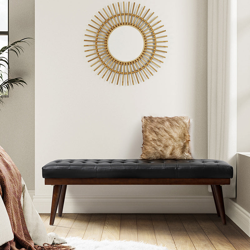 Banc capitonné en cuir véritable de style Mid-Century avec base en bois massif | Noir / Gris | Simple