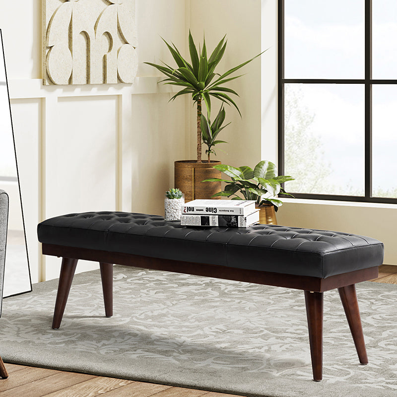 Banc capitonné en cuir véritable de style Mid-Century avec base en bois massif | Noir / Gris | Simple