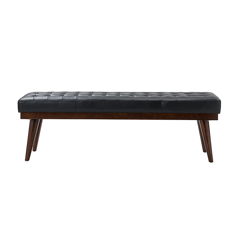 Banc capitonné en cuir véritable de style Mid-Century avec base en bois massif | Noir / Gris | Simple