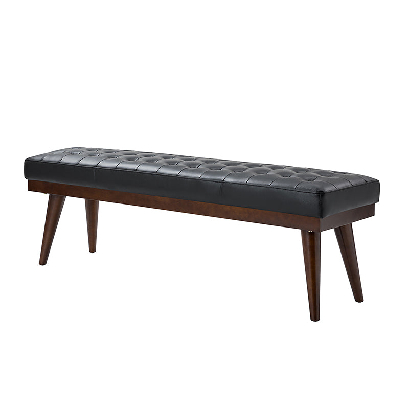 Banc capitonné en cuir véritable de style Mid-Century avec base en bois massif | Noir / Gris | Simple