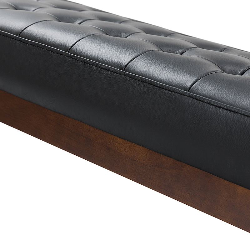 Banc capitonné en cuir véritable de style Mid-Century avec base en bois massif | Noir / Gris | Simple
