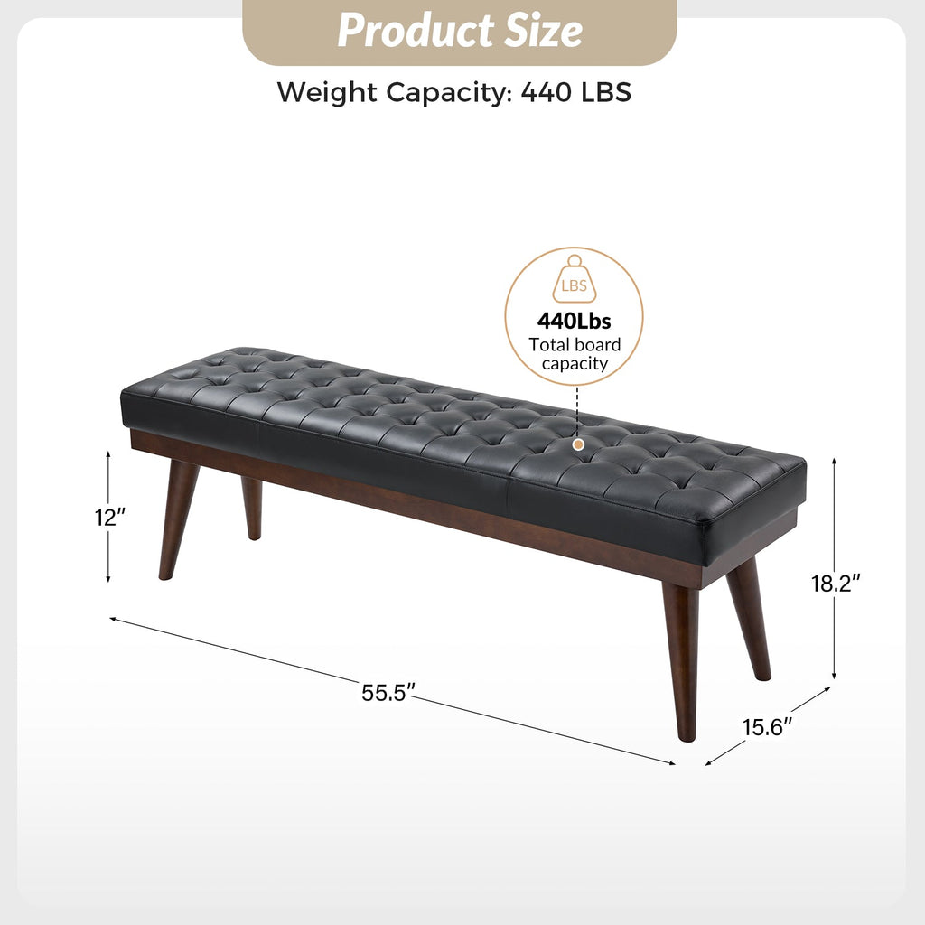 Banc capitonné en cuir véritable de style Mid-Century avec base en bois massif | Noir / Gris | Simple