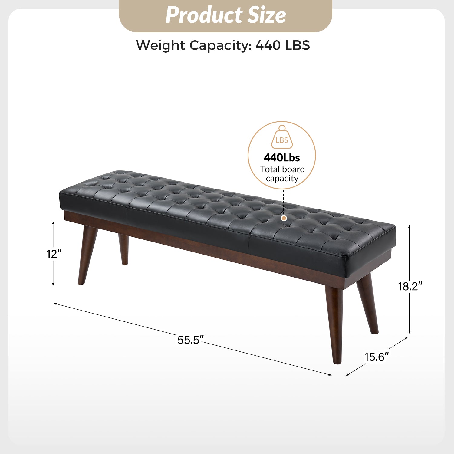 Banc capitonné en cuir véritable de style Mid-Century avec base en bois massif | Noir / Gris | Simple