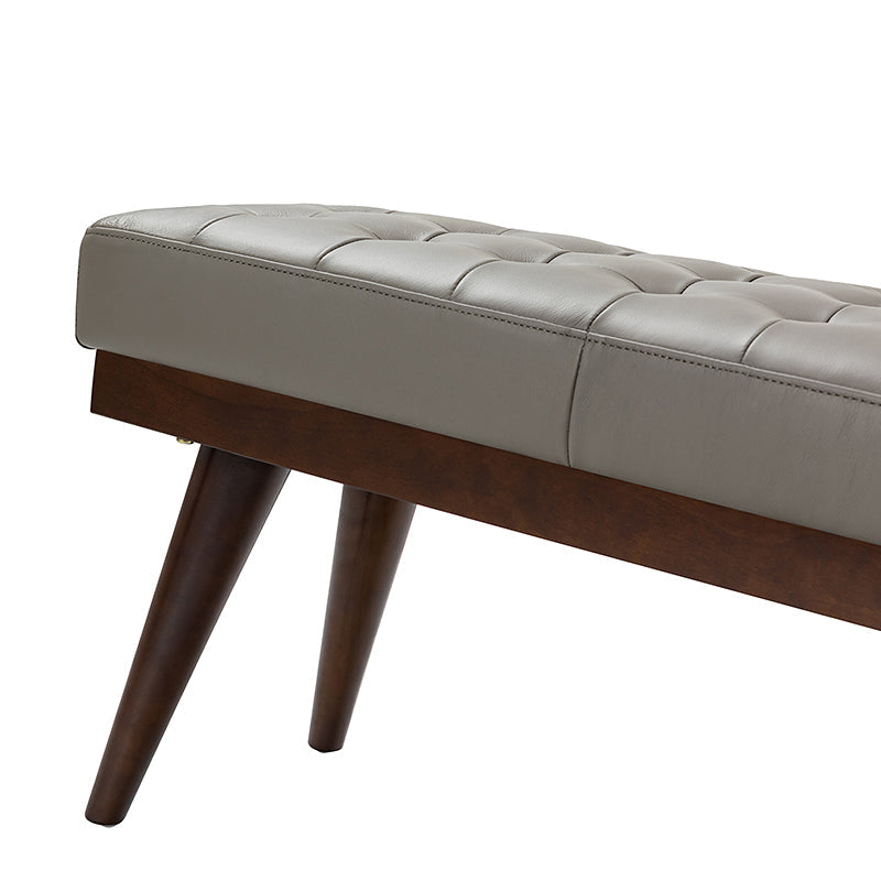 Banc capitonné en cuir véritable de style Mid-Century avec base en bois massif | Noir / Gris | Simple