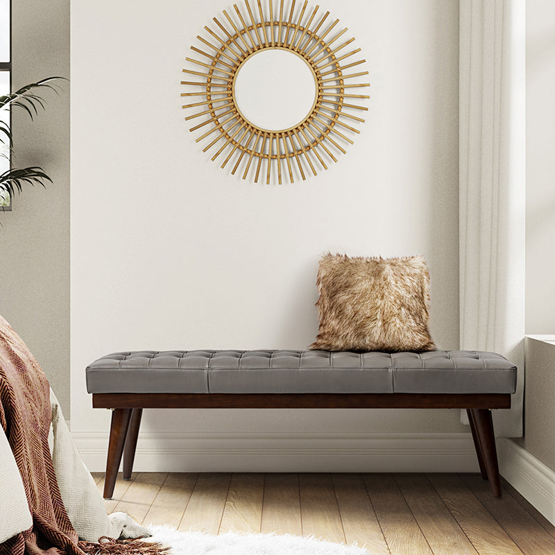 Banc capitonné en cuir véritable de style Mid-Century avec base en bois massif | Noir / Gris | Simple