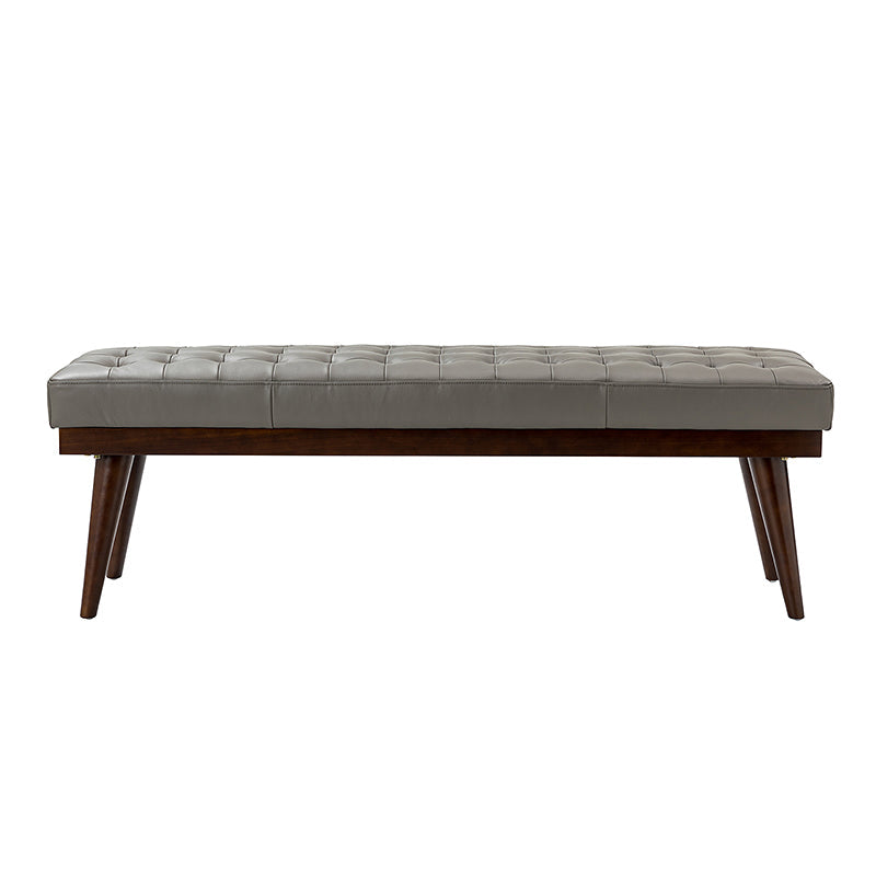 Banc capitonné en cuir véritable de style Mid-Century avec base en bois massif | Noir / Gris | Simple