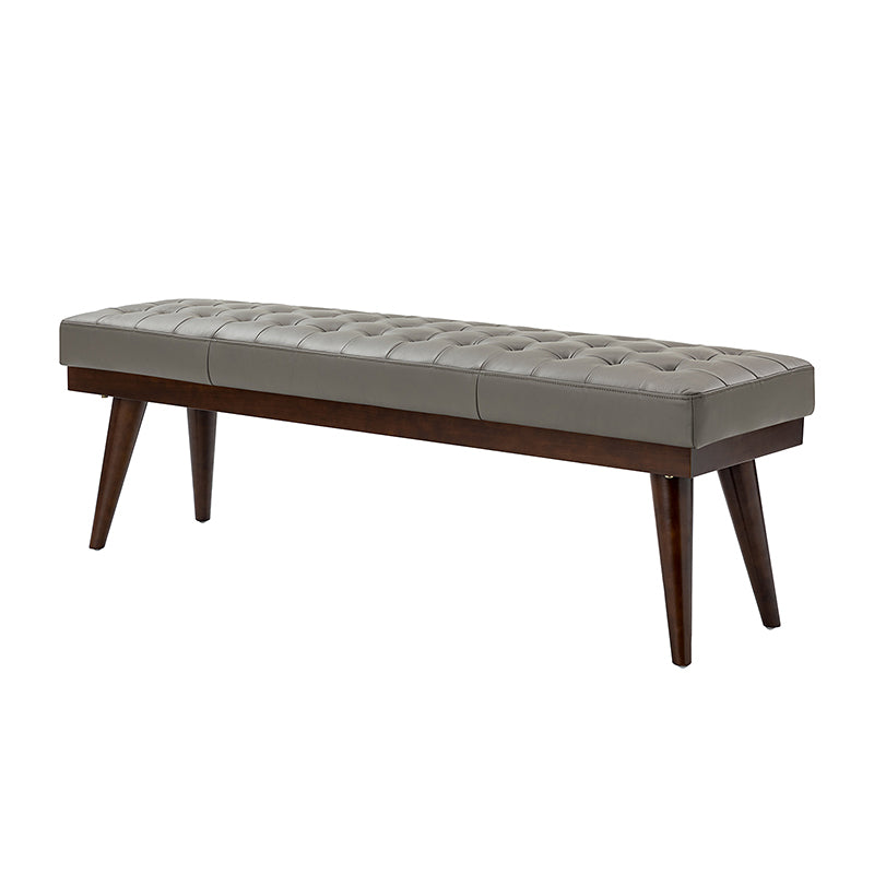 Banc capitonné en cuir véritable de style Mid-Century avec base en bois massif | Noir / Gris | Simple