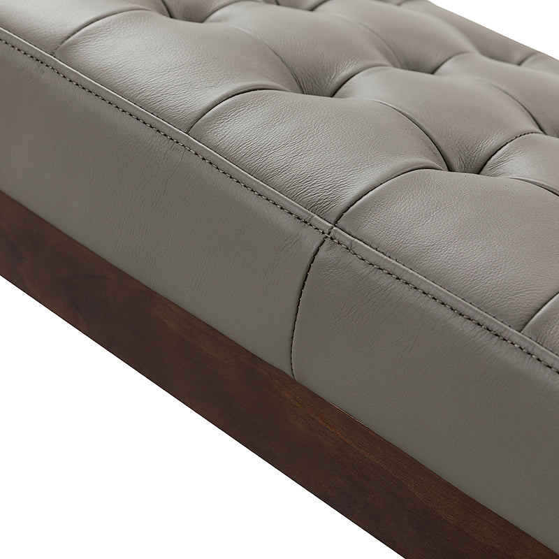 Banc capitonné en cuir véritable de style Mid-Century avec base en bois massif | Noir / Gris | Simple