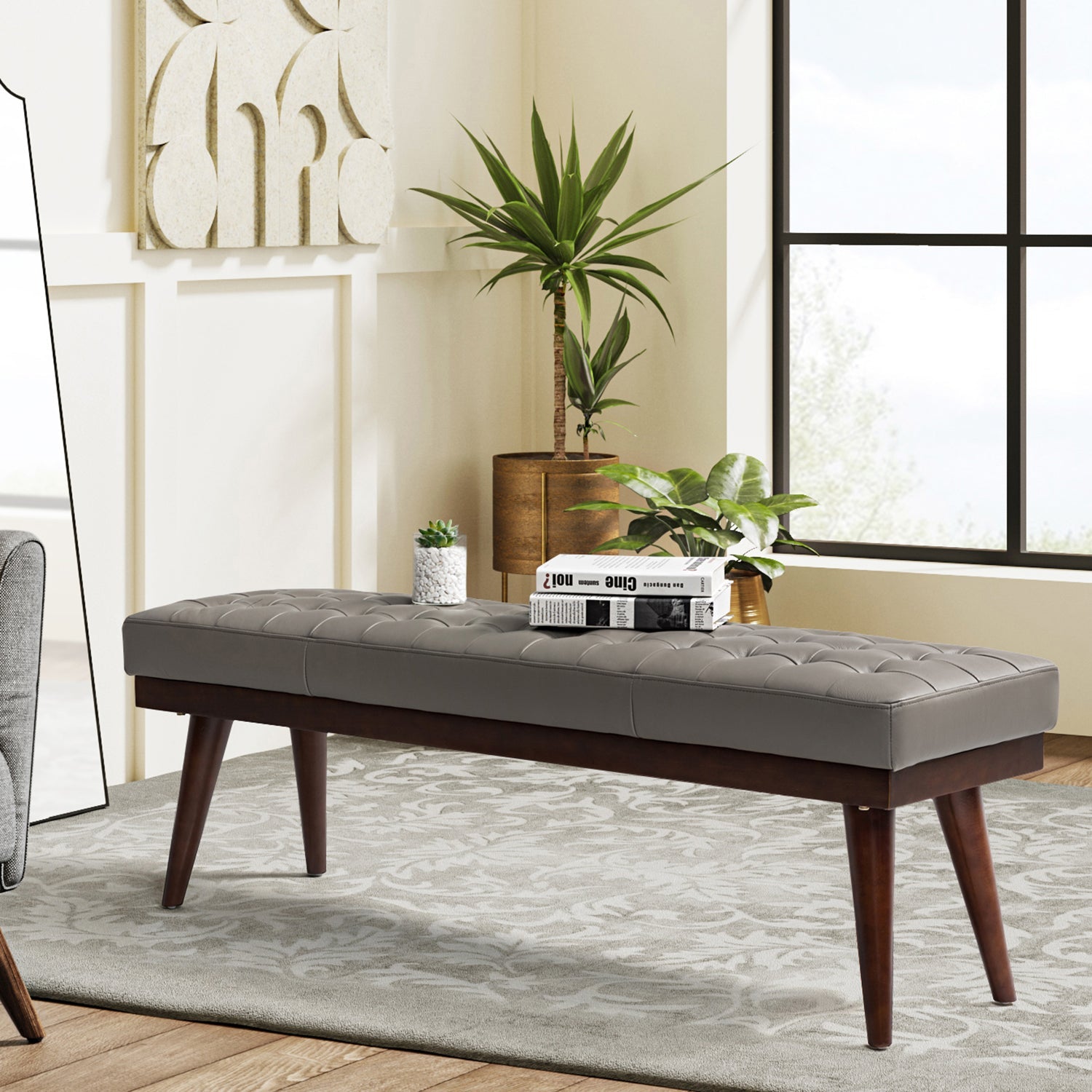 Banc capitonné en cuir véritable de style Mid-Century avec base en bois massif | Noir / Gris | Simple