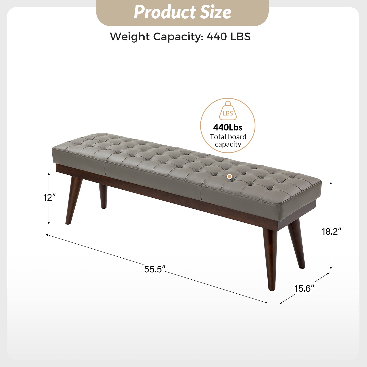 Banc capitonné en cuir véritable de style Mid-Century avec base en bois massif | Noir / Gris | Simple