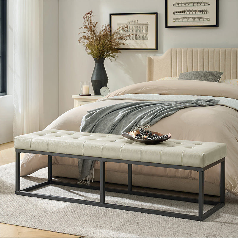 Banc capitonné en cuir végétalien avec pieds en métal | Noir / Beige / Marron / Camel | Simple