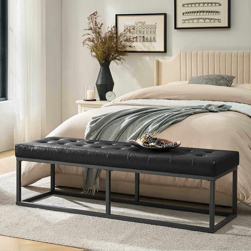 Banc capitonné en cuir végétalien avec pieds en métal | Noir / Beige / Marron / Camel | Simple