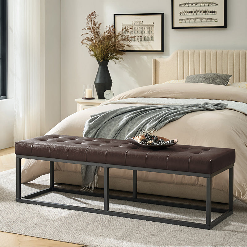 Banc capitonné en cuir végétalien avec pieds en métal | Noir / Beige / Marron / Camel | Simple