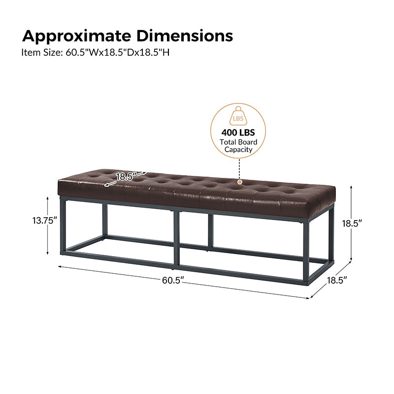 Banc capitonné en cuir végétalien avec pieds en métal | Noir / Beige / Marron / Camel | Simple