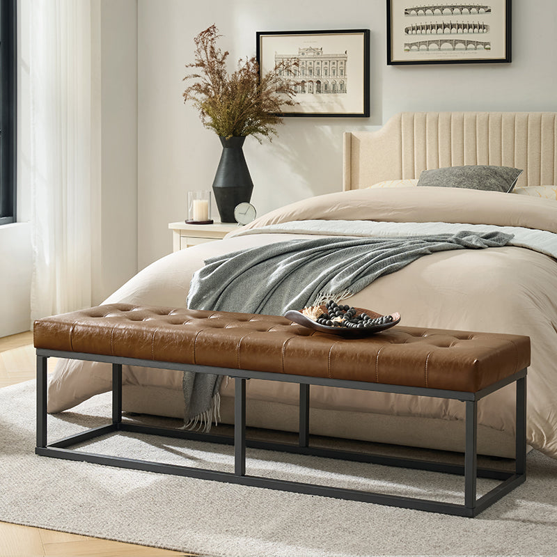 Banc capitonné en cuir végétalien avec pieds en métal | Noir / Beige / Marron / Camel | Simple