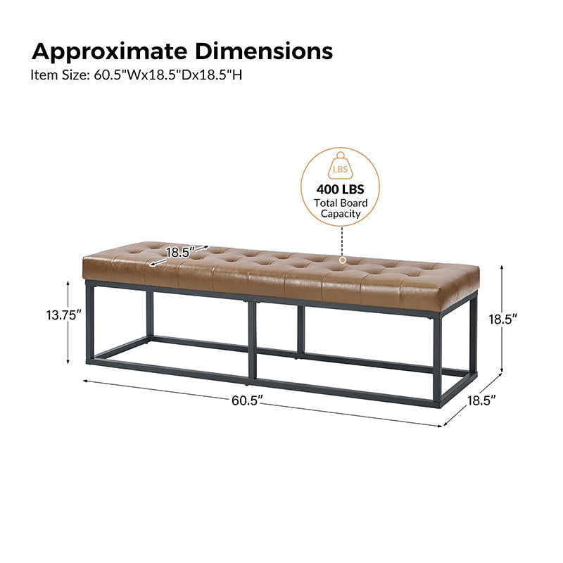Banc capitonné en cuir végétalien avec pieds en métal | Noir / Beige / Marron / Camel | Simple