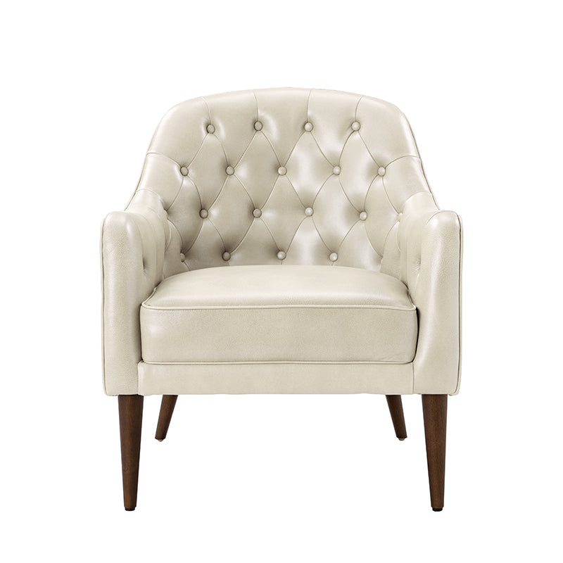 Fauteuil crapaud capitonné en cuir véritable avec pieds en hévéa et accoudoirs encastrés | Noir / Bleu marine / Camel / Beige | Une place