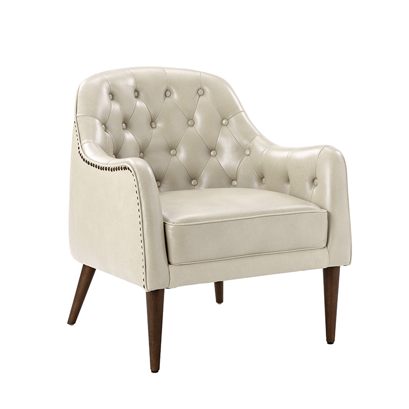 Fauteuil crapaud capitonné en cuir véritable avec pieds en hévéa et accoudoirs encastrés | Noir / Bleu marine / Camel / Beige | Une place