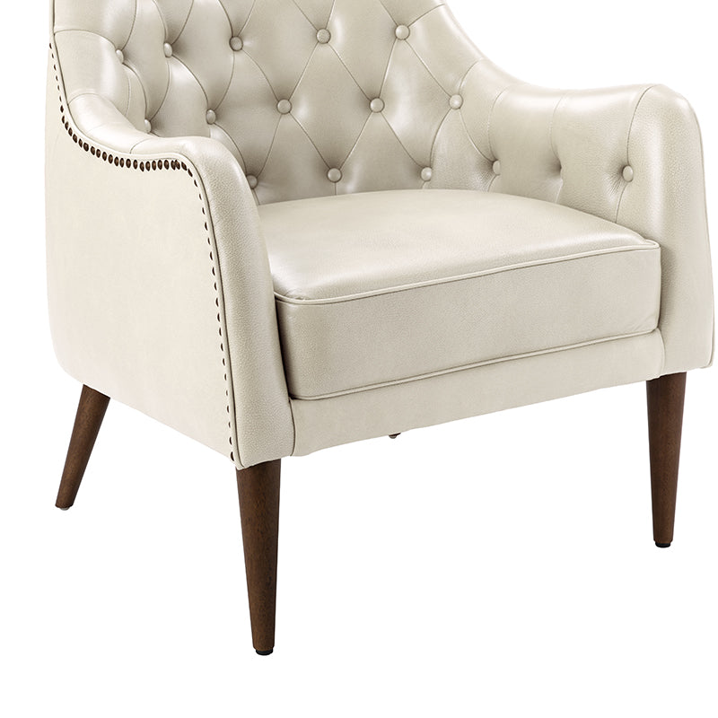 Fauteuil crapaud capitonné en cuir véritable avec pieds en hévéa et accoudoirs encastrés | Noir / Bleu marine / Camel / Beige | Une place