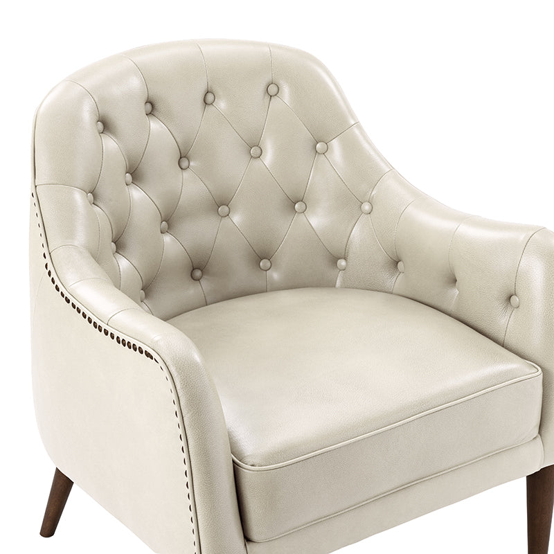 Fauteuil crapaud capitonné en cuir véritable avec pieds en hévéa et accoudoirs encastrés | Noir / Bleu marine / Camel / Beige | Une place