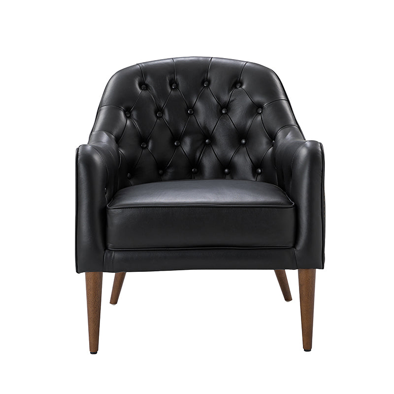 Fauteuil crapaud capitonné en cuir véritable avec pieds en hévéa et accoudoirs encastrés | Noir / Bleu marine / Camel / Beige | Une place