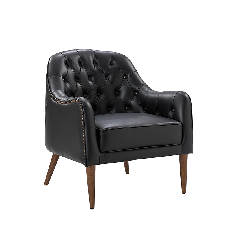 Fauteuil crapaud capitonné en cuir véritable avec pieds en hévéa et accoudoirs encastrés | Noir / Bleu marine / Camel / Beige | Une place
