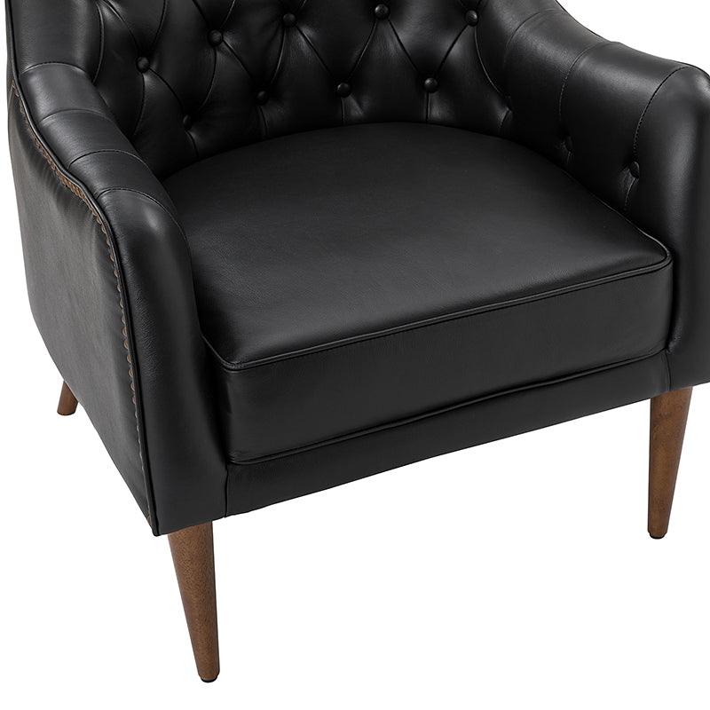 Fauteuil crapaud capitonné en cuir véritable avec pieds en hévéa et accoudoirs encastrés | Noir / Bleu marine / Camel / Beige | Une place